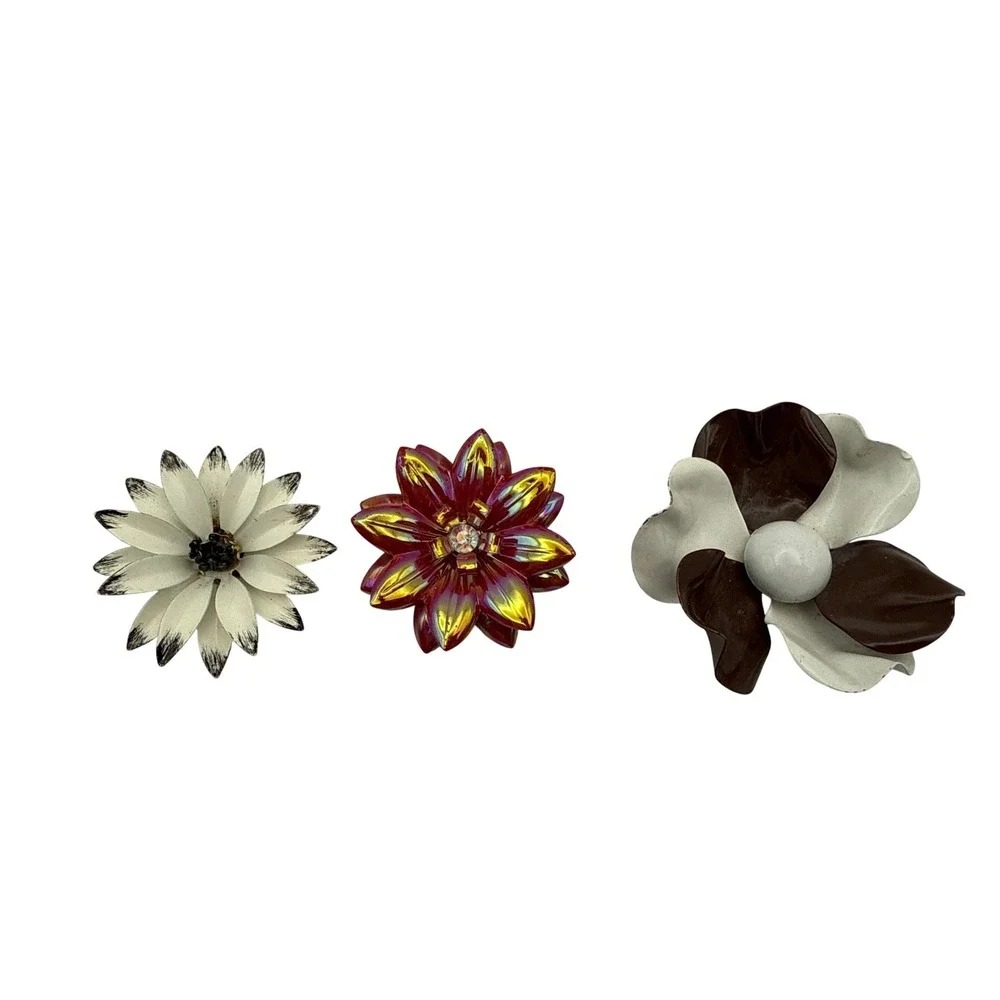 Vintage‎ Enamel Flower Brooch Lot 7pc Mod Pop Art Floral Pins Red White Teal
